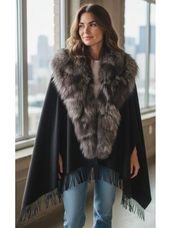 DESIGNER ANAABELL NEW YORK BLACK WOOL BLEND SILVER GREY FOX COLLAR FRINGE CAPE - Picture 3 of 9
